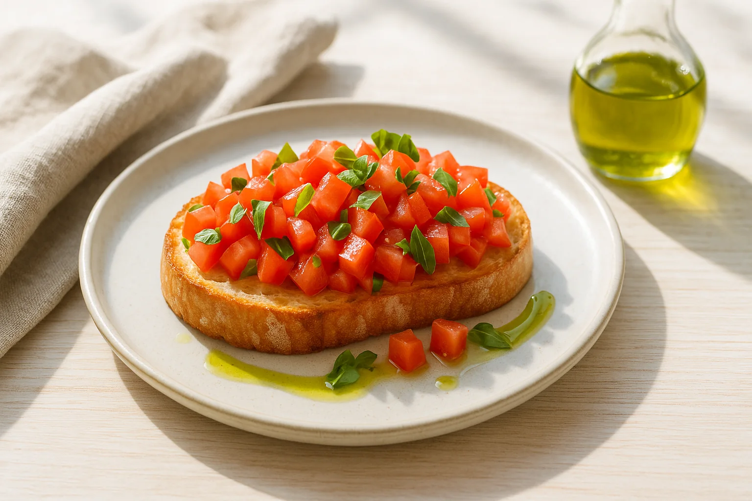 Olivenöl wird über warme Bruschetta mit Tomate geträufelt