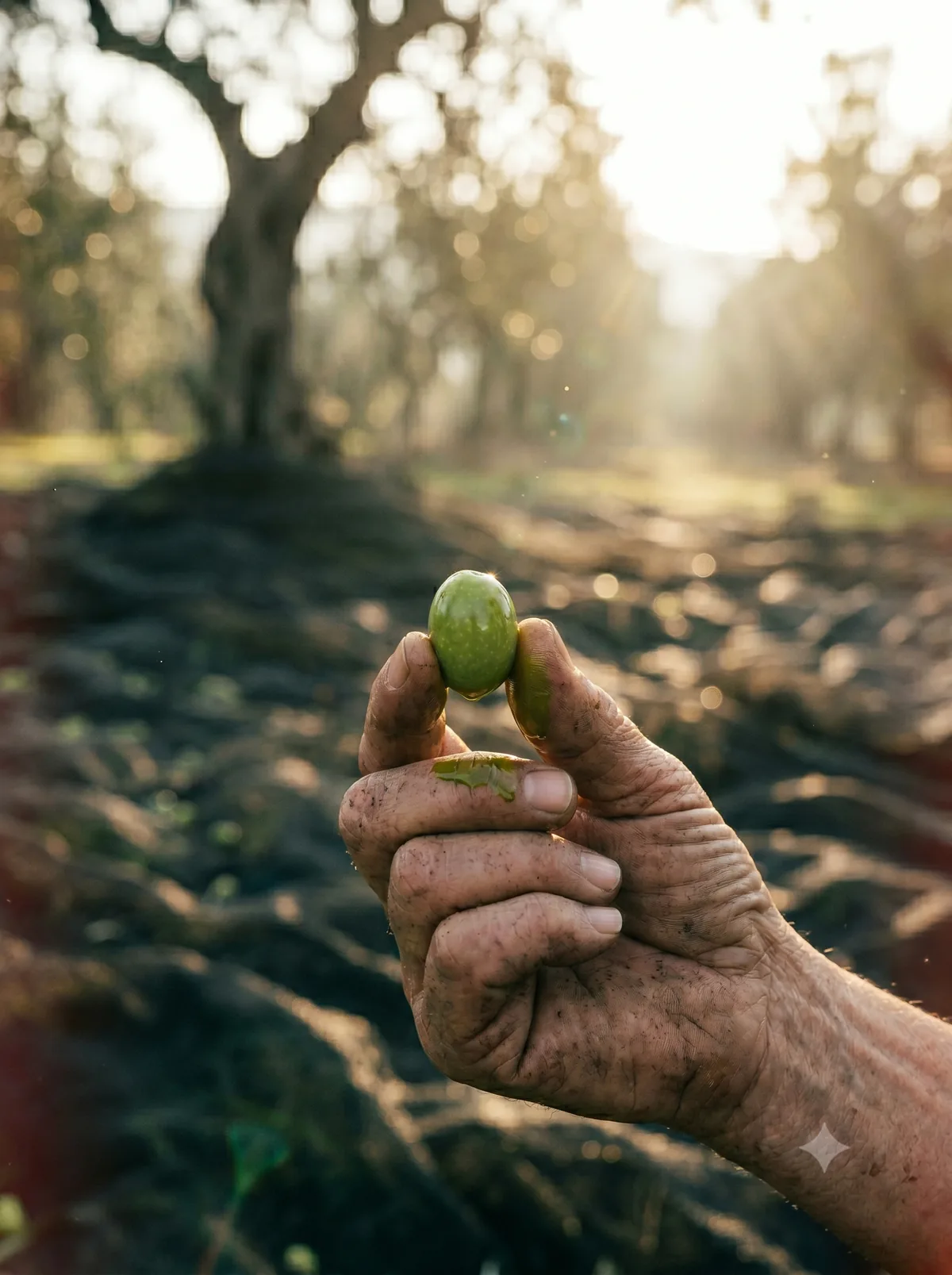 Einzelne reife Olive am Zweig mit Morgentau