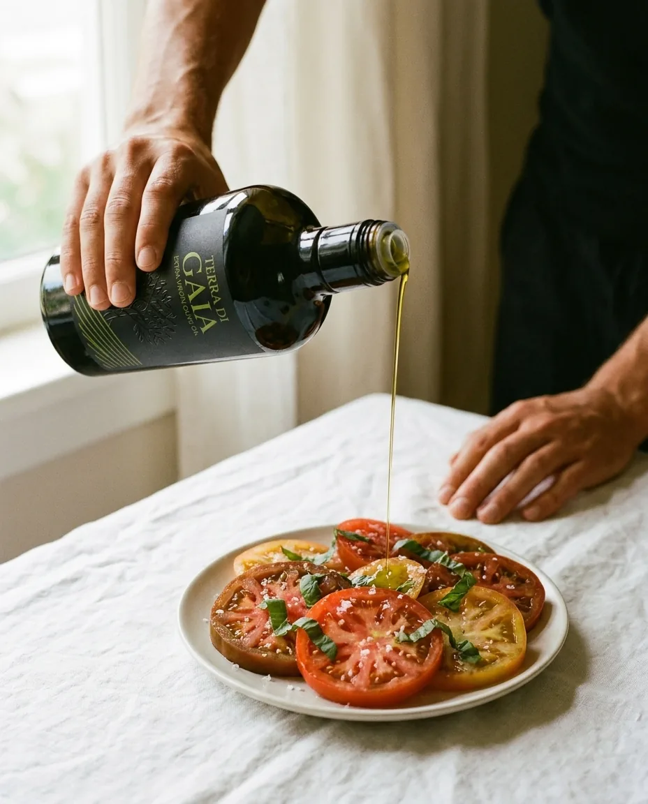 Olivenöl wird aus der Flasche über einen Teller mit Tomatenscheiben gegossen